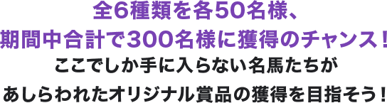 全6種類を各50名様、期間中合計で300名様に獲得のチャンス!ここでしか手に入らない名馬たちがあしらわれたオリジナル賞品の獲得を目指そう!