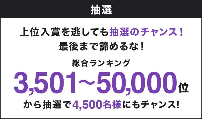 抽選 上位入賞を逃しても抽選のチャンス!最後まで諦めるな! 総合ランキング3,501〜50,000位以内抽選で4,500名様にもチャンス!