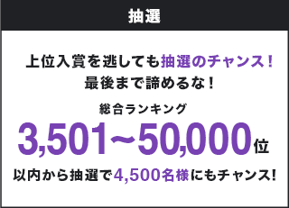 抽選 上位入賞を逃しても抽選のチャンス!最後まで諦めるな!総合ランキング3,501~50,000位から抽選で4,500名様にもチャンス!