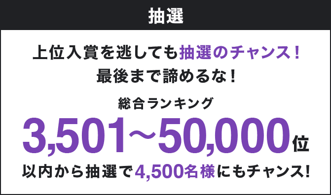 抽選 上位入賞を逃しても抽選のチャンス!最後まで諦めるな!総合ランキング3,501~50,000位から抽選で4,500名様にもチャンス!