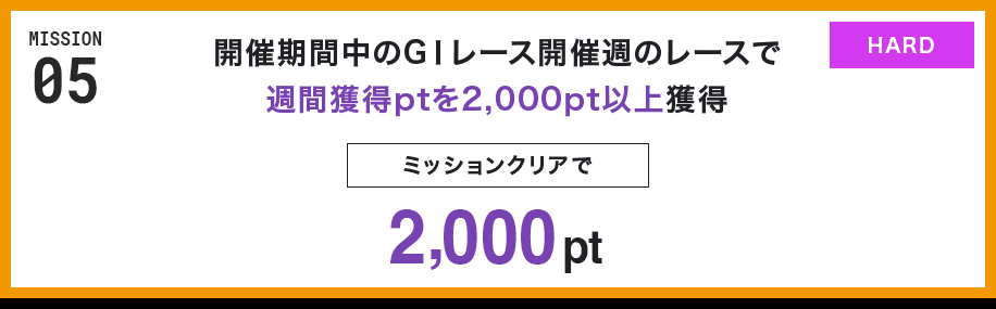 MISSION 05 開催期間中のGⅠレース開催週のレースで週間獲得ptを2,000pt以上獲得 ミッションクリアで2,000pt HARD