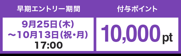 早期エントリー期間 9月25日(木)〜10月13日(祝・月)17:00 付与ポイント 10,000pt