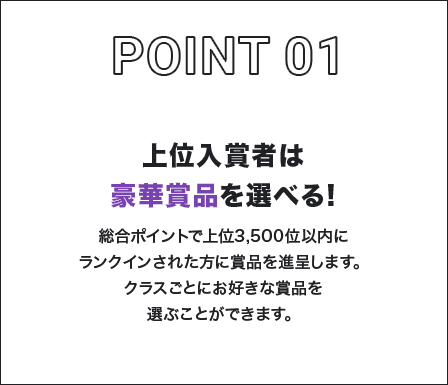 POINT01 上位入賞者は豪華賞品を選べる! 総合ポイントで上位3,500位以内にランクインされた方に賞品を進呈します。クラスごとにお好きな賞品を選ぶことができます。