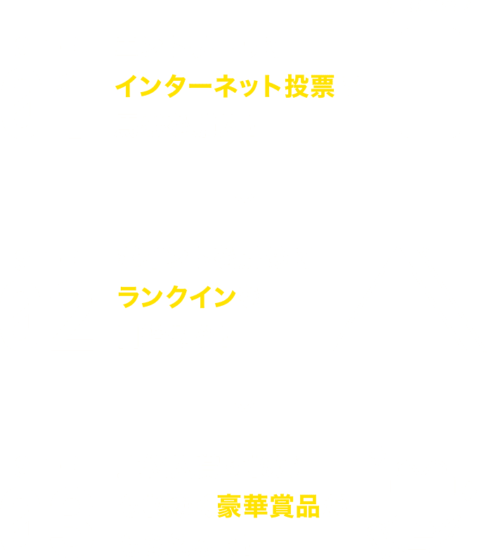 STEP01 エントリーしてインターネット投票で馬券を購入！ STEP02 ポイントを貯めてランクインを目指そう！ STEP03 上位入賞すればもれなく豪華賞品がもらえるよ！