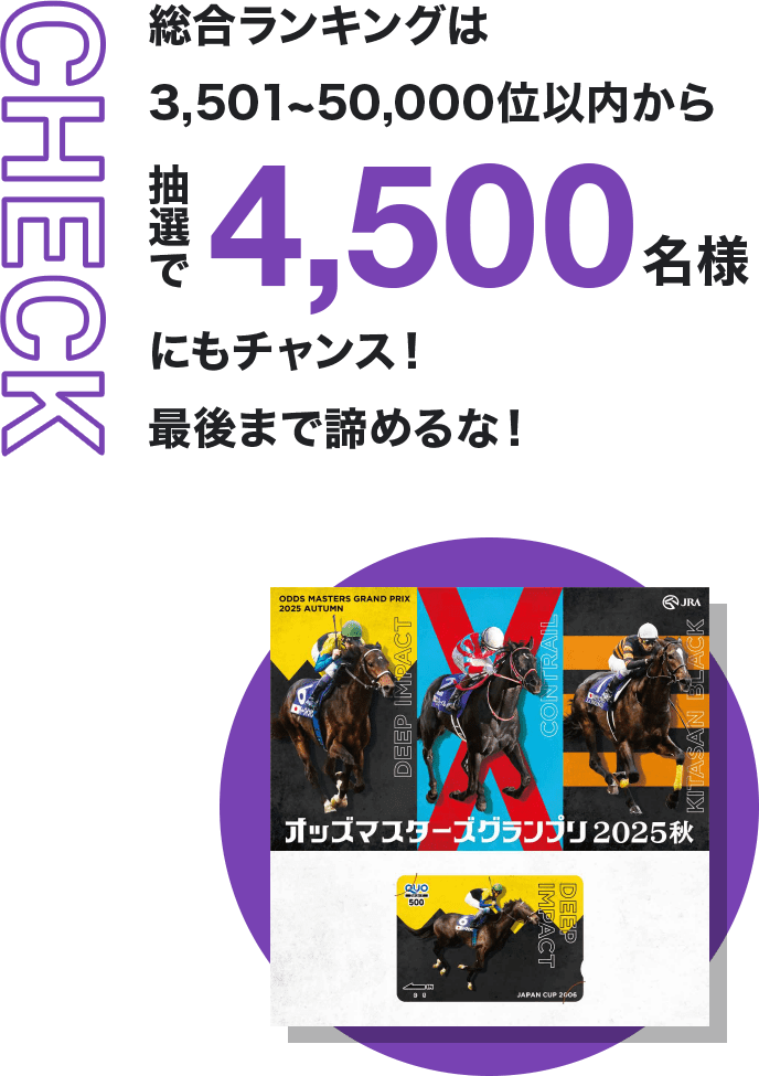 CHECK 総合ランキングは3,501~50,000位以内から抽選で4,500名様にもチャンス！最後まで諦めるな！
