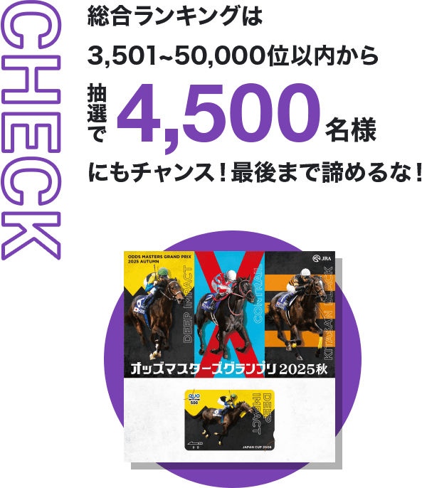 CHECK 総合ランキングは3,501~50,000位以内から抽選で4,500名様にもチャンス！最後まで諦めるな！